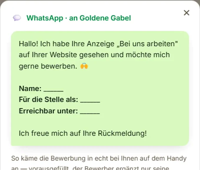 Nahaufnahme: Bewerbung in 30 Sekunden aufs Handy, vorausgefüllte WhatsApp-Nachricht