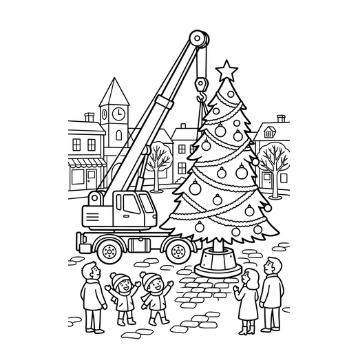 Ausmalbild Kran stellt den Tannenbaum auf (Kräne Ausmalbilder)