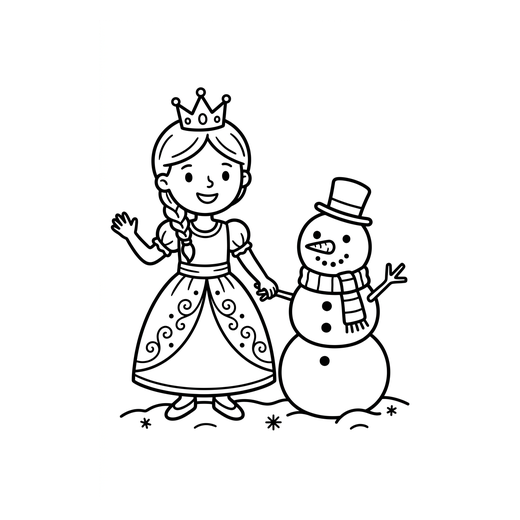 Ausmalbild Prinzessin baut einen Schneemann (Eisprinzessin Ausmalbilder)